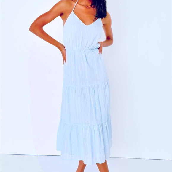 Lulu's Sunny Reverie Light Blue Swiss Dot Lurex Halter Midi Dress - XL - NWT - Picture 2 of 5